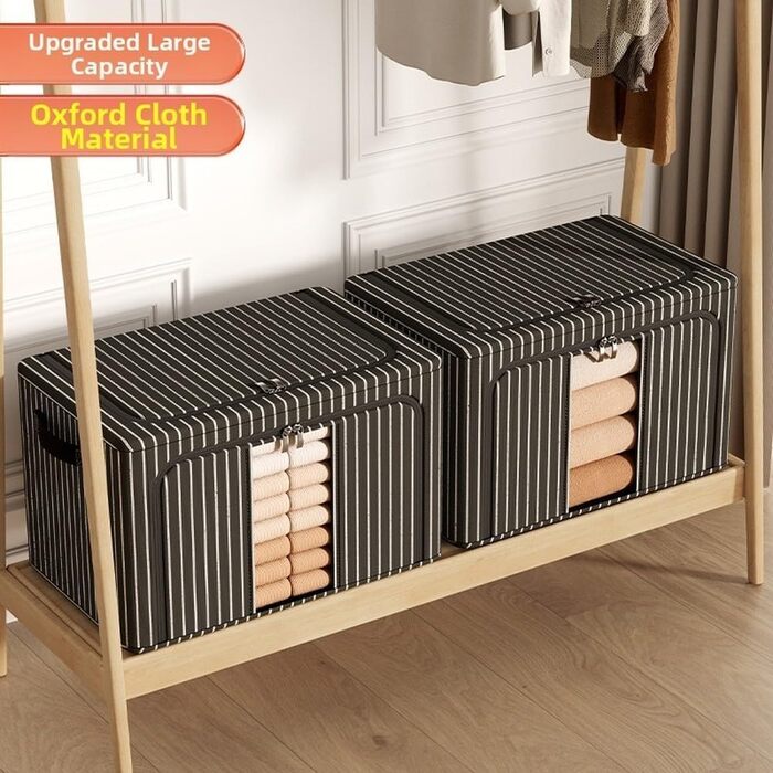 Складаний ящик для зберігання з тканини Оксфорд, велика місткість, 100 л, органайзер для одягу з фронтальним отвором та посиленою сталевою рамою для ковдр та предметів домашнього вжитку, чорний (синій, 100 л, 60 x 42 x 40 см)