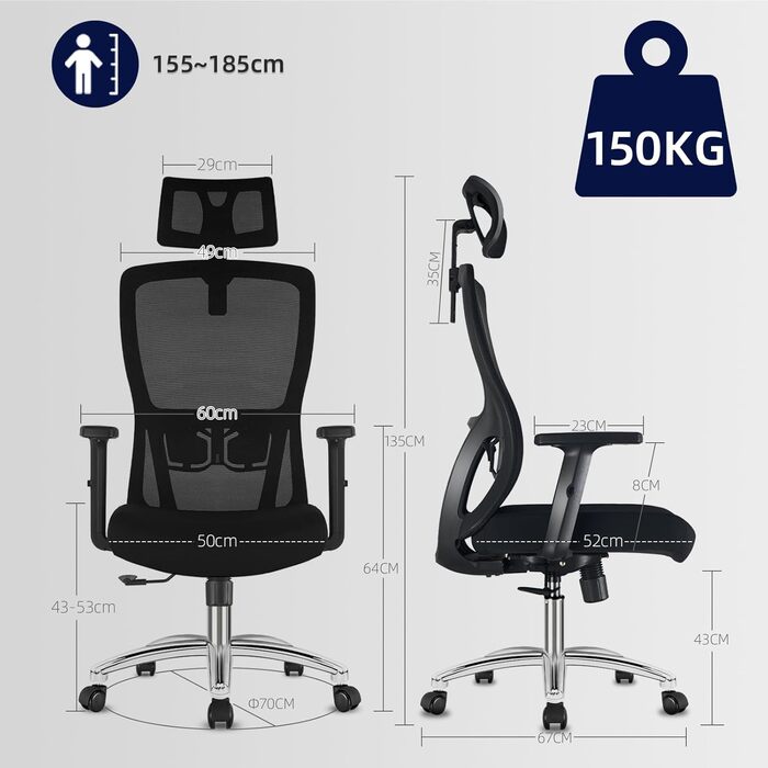 Ергономічне офісне крісло, стілець для роботи з регульованим підголівником, підлокітниками та поперековою опорою, обертове крісло з сітки, крісло для керівника з регульованою висотою, комп&39ютерне крісло з функцією гойдання, вантажопідйомність 150 кг
