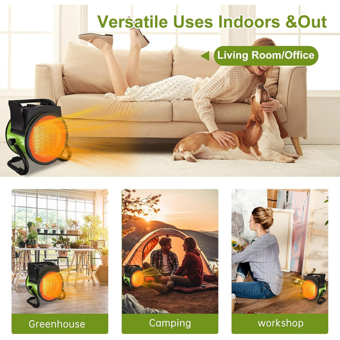 Енергозберігаючий керамічний радіаційний обігрівач GARDTECH з PTC, надзвичайно потужний електричний обігрівач, великий об&39єм повітря, будівельний обігрівач із захистом від перегріву, захистом від перекидання, термостатом, 2000 Вт, зелений