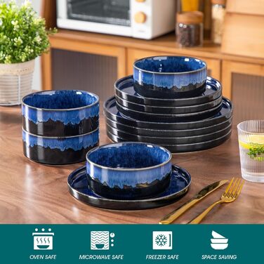 Зіркоподібні тарілки та миски vancasso, 12 предметів, синій набір посуду для кухні, сучасний набір посуду з кам'яного посуду на 4