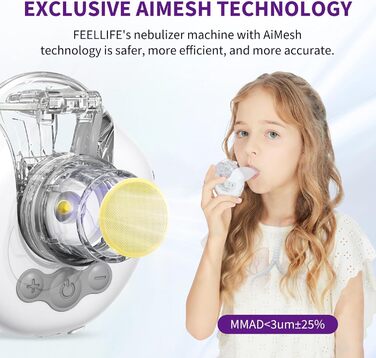 Інгалятор FEELLIFE, Безшумний інгалятор для дорослих, дітей, 3 регульовані моделі, Надлегкий інгалятор без рук, Інгалятор для дому та в дорозі, Акумуляторна батарея Білий