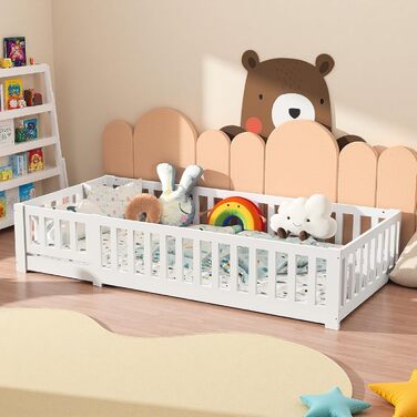 Підлогове ліжко 90x200 см дитяче ліжко із захистом від падіння та рейковою основою, дитяче ліжко Монтессорі, масив сосни, білий (Білий, 90 x 200 см) Білий 90 x 200 см