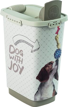 Контейнер для корму Rotho MyPet Cody 25л з кришкою та дозатором, пластик (PP) без BPA, антрацит/білий, 25л (33.0 x 25.0 x 46.3 см), дизайн з собачками