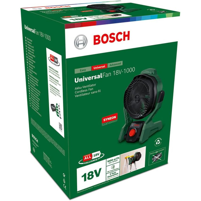 Акумуляторний вентилятор Bosch UniversalFan 18V-1000 (без акумулятора, система 18 В, для DIY, кемпінгу та інше, об&39єм повітря 1000 м/год, в коробці)