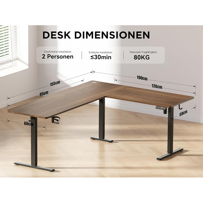 Подібний електричний стіл з регульованою висотою, 190 x 150 см, кутовий стіл, регульована висота, комп&39ютерний стіл з можливістю роботи сидячи та стоячи з органайзером для кабелів для офісу, ігровий, чорний горіх, 190 x 150 см