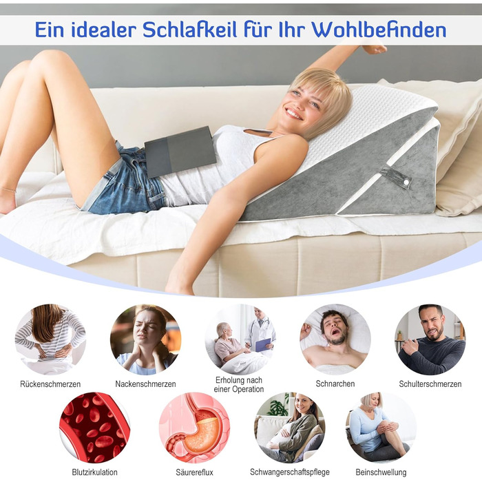 Регульована клиноподібна подушка, подушка для читання з піни високої щільності для ліжка та дивана, ергономічна подушка для голови, клиноподібна подушка для рефлюксного апное сну, подушка для ніг/спини для гри та читання (білий та сірий)