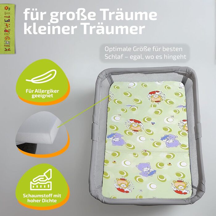 Дорожнє ліжечко Дитяче Дорожній Матрац 120x60 см, Зелений, Складаний Матрац, Пінопластовий Матрац для дітей з високоякісної холодної піни, Зроблено в Німеччині, Зелений 60 x 120 см