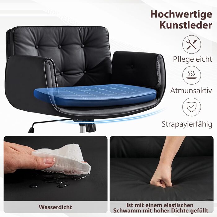 Ергономічне офісне крісло з 5-позиційними регульованими підлокітниками, робоче крісло з широкою подушкою сидіння, сидіння зі штучної шкіри зі схрещеними ніжками та функцією нахилу, обертове крісло з регулюванням висоти, чорне