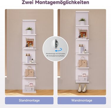 Книжкові полиці SONNI, настінна полиця, 6 полиць, які можна використовувати як настінну або окремостоячу полицю, полиця для книг, журналів, декору, окремостояча полиця в індустріальному стилі для вітальні, кухні, домашнього офісу, біла, 30x24,8x160 см. Бі