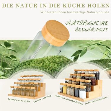 Квадратні банки для спецій з бамбуковою підставкою для спецій 2-в-1 (FCM) 24 банки для спецій по 120 мл, набір підставок та банок для спецій, 120 етикеток, компактний кухонний органайзер SAEIV-Bois massif bambou-24X120ml