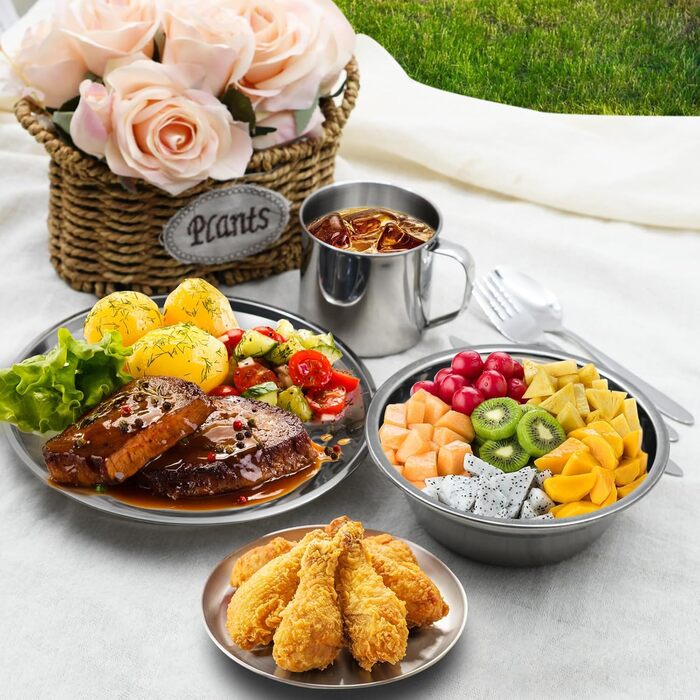 Набір столових приборів з нержавіючої сталі з 29 предметів миски, тарілки, чашки, виделки, ложки та ножі для 4 осіб, сріблястий