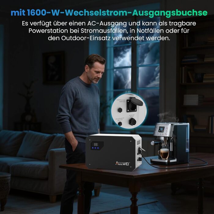 Балконна електростанція ALLWEI з накопичувачем, система накопичення змінного струму, LiFePO4 електростанція потужністю 1600 Втгод, мережевий та автономний універсальний пристрій, Plug&Play для подачі енергії, аварійне живлення, відключення електроенергії 