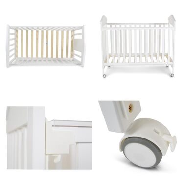 Дитяче ліжечко Cangaroo Wing 120 x 60 см, букове дерево, колеса, 3 положення висоти, біле