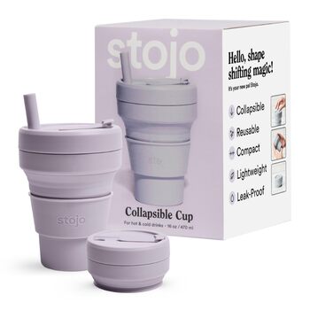 Складана дорожня кружка STOJO з трубочкою, 470 мл, багаторазова, для гарячих і холодних напоїв, ідеально підходить для кемпінгу та походів, можна використовувати в мікрохвильовій печі та мити в посудомийній машині, бузковий колір, 16 унцій (упаковка з 1)