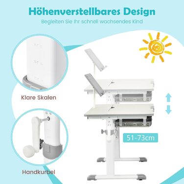 Дитячий письмовий стіл COSTWAY з регульованою висотою 51-73 см, учнівський стіл з похилою стільницею, підставкою для книг, шухлядою та вимірювальною лінійкою, ергономічний дитячий стіл для дітей 3-12 років (сірий)