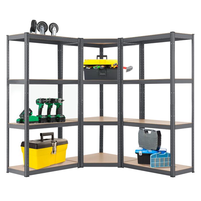 Секційна металева стелажна система Juskys Easy - 1 кутова полиця та 2 полиці для зберігання - 12 полиць з МДФ - 960 кг - надміцний стелаж, без болтів, сірий, 3-