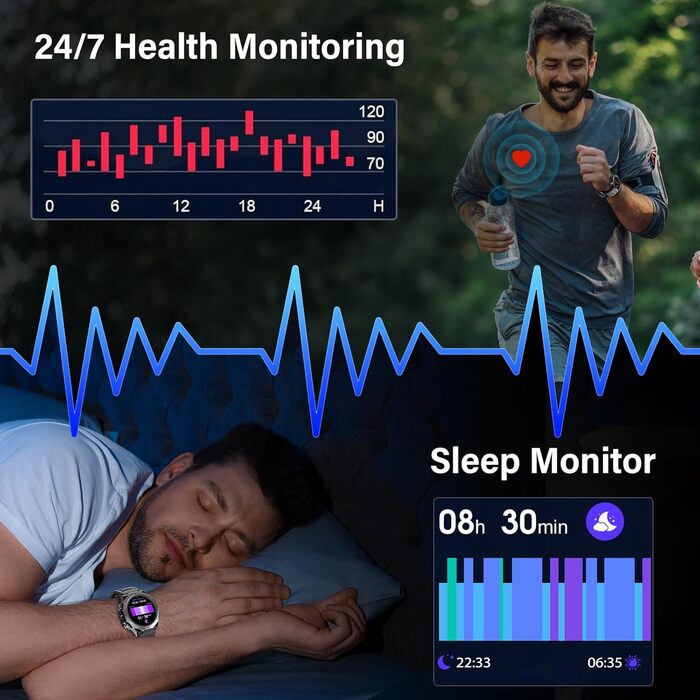 Військовий смарт-годинник для чоловіків та жінок, смарт-годинник із функцією телефону, сенсорний екран 1,39 дюйма, монітор серцевого ритму, монітор сну, водонепроникний спортивний годинник IP68, 110 спортивних режимів, фітнес-годинник для iOS та Android, 