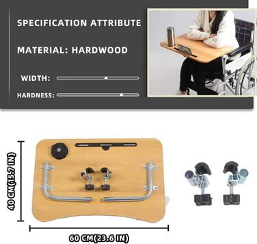 Столик для інвалідного візка знімний, стіл для інвалідного візка з отвором для чашки та слотом для мобільного телефону, стіл для інвалідного візка з двома протиковзкими накладками, для користувачів крісел колісних для читання, письма, прийому їжі (коричне