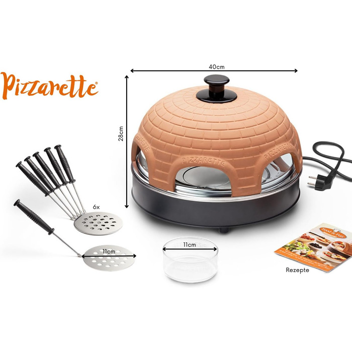 Піч для піци Emerio, PIZZARETTE оригінал, 1 теракотова глиняна витяжка ручної роботи, запатентована конструкція, для міні-піци, справжня сімейна розвага на 6 осіб, теракотовий помаранчевий / чорний, PO-115984