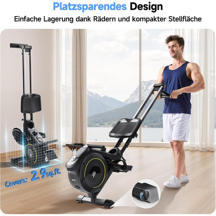 Домашній гребний тренажер YPOO, складаний, магнітний, тихий, з ексклюзивним додатком та РК-дисплеєм даних, подвійна рейкова стійка, витримує навантаження до 160 кг, легке складання