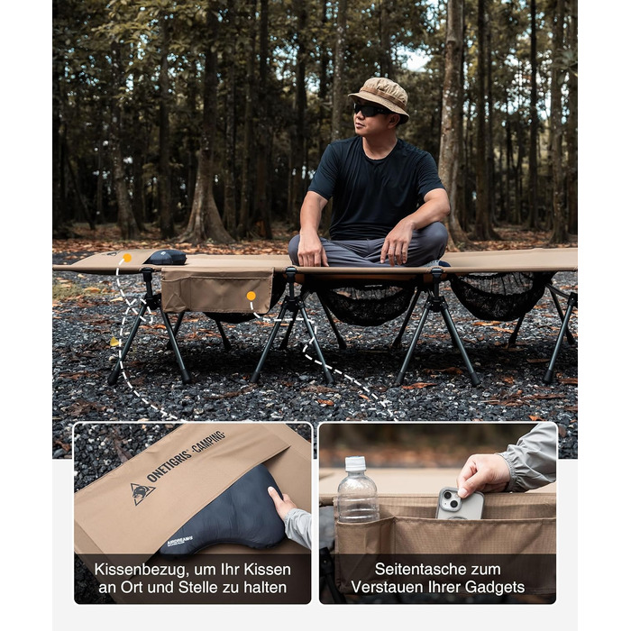 Складане похідне ліжко XXL, портативне кемпінгове ліжко, легке, складне, кемпінгове ліжко до 180 кг для намету, на природі, в подорожах, саду, в офісі (220 * 80 см) кольору койотового коричневого