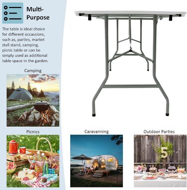 Складаний стіл Home Vida, 1,5 м, міцний, надзвичайно міцний, для кемпінгу, фуршету, весілля, ринку, саду, вечірки, багажника автомобіля, стайні, пікніка, кабінки, для використання в приміщенні та на вулиці, складна ручка для перенесення