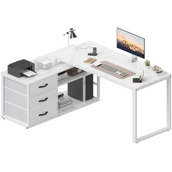 Г-подібний письмовий стіл з 3 шухлядами та місцем для зберігання речей, 140 x 105 x 75 см. Двосторонній кутовий письмовий стіл, Г-подібний письмовий стіл з 2 USB-портами для зарядки та 2 розетками, білий. 140 x 105 x 75 см. Білий