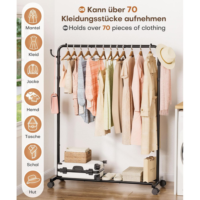 Багатофункціональна вішалка для одягу Yorbay з регульованою висотою на колесах міцна металева вішалка для одягу з полицею для багажу - компактна вішалка для одягу для спальні та пральні (117,5 см) чорного кольору 117,5 см