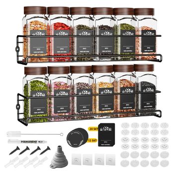 Елементна дерев&39яна підставка для спецій, не потребує свердління, підвісна, з 12 банками для спецій, органайзером для спецій, підставкою для спецій та настінною кухонною полицею (2986 см), дерев&39яна підставка для спецій C.12, 2-