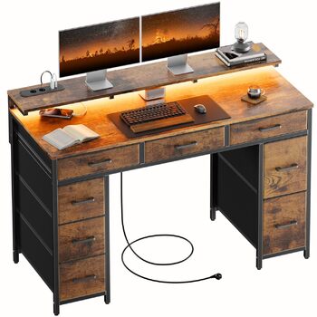 Письмовий стіл з 8 шухлядами, комп&39ютерний стіл з 2 розетками та 2 USB-портами для зарядки, офісний стіл зі світлодіодним освітленням та підставкою для монітора, ПК-стіл для офісу, вітальні, 120 x 50 x 74 см, коричневий