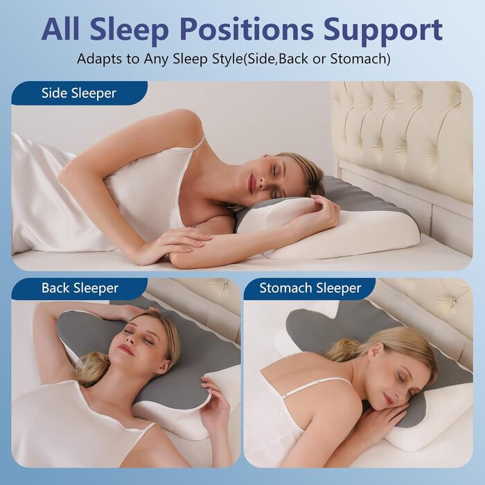 Подушка з піни з ефектом пам&39яті, подушка для шиї, подушка для голови, подушка для підтримки шиї та плечей, підходить для різних поз сну, розмір 60 x 41 x 9/12 см (світло-сірий)