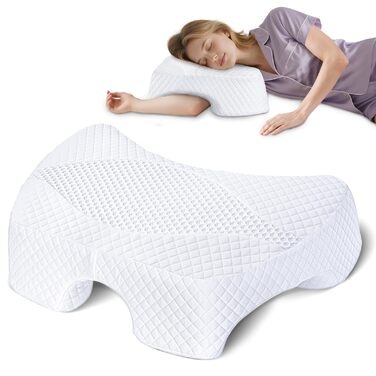 Подушка SAHEYER для сну на боці з проймою, ортопедична подушка для шиї, подушка з піни з ефектом пам&39яті з чотирма регульованими підлокітниками для сну на боці, спині або животі (біла)
