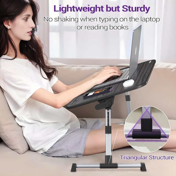 Стіл для ноутбука та сніданку Nearpow (великий розмір), регульований підставка для ноутбука на ліжко, портативний мобільний стіл з відкидними ніжками, складаний столик на коліна для дивана, ліжка, підлоги, великий розмір, чорний