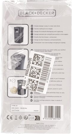 Виробник попкорну Black Decker BXPC1100E 1100 Вт Без олії Компактний Приготування всього за 3 хвилини Багатофункціональні мірні чашки Гаряче повітря Червоний