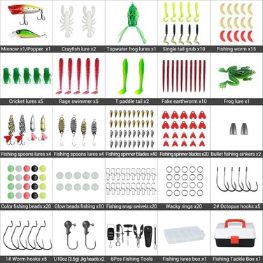 Набір рибальських снастей з 213 предметів з приманками, коробка для снастей на 3 полиці з аксесуарами, рибальський набір, що включає приманки, вантажі, гачки, рибальські плоскогубці, рибальське спорядження для лову окуня та форелі, подарунок рибалці для д