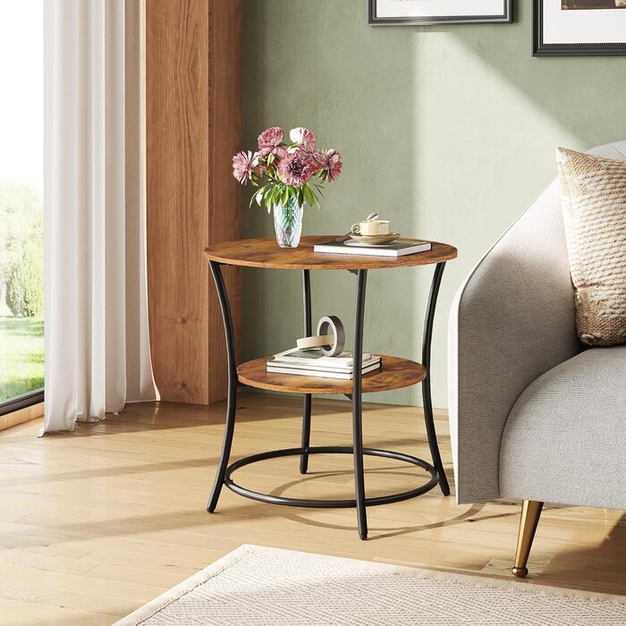 Круглий журнальний столик WLIVE, 2-рівневий маленький журнальний столик з відділенням для зберігання, металевий каркас, кругла тумбочка для вітальні, спальні, невеликих приміщень, рустикальний коричневий