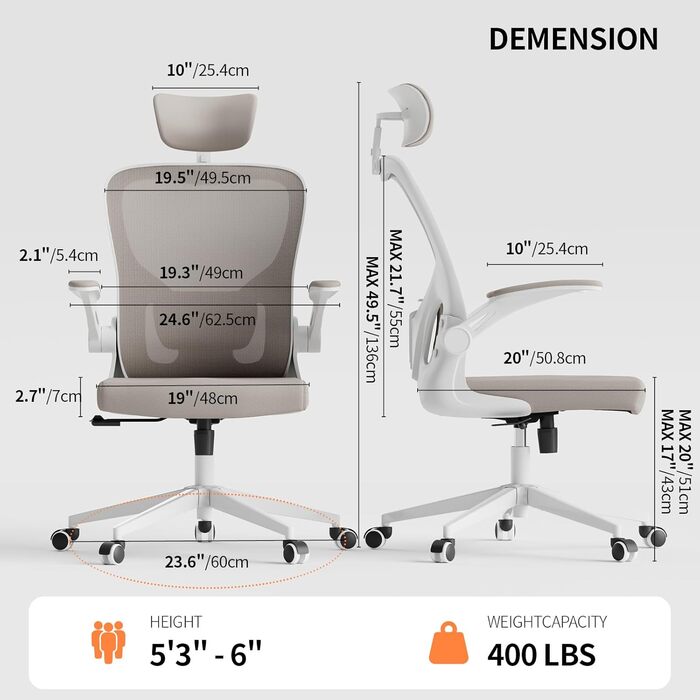 Ергономічне офісне крісло Monhey, висока спинка, сітчаста тканина, комп&39ютерне крісло з відкидними підлокітниками, регульованою поперековою опорою та підголівником, обертове крісло для дому та офісу 01beige