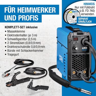 Зварювальний апарат CFH FSG 884 (120 А) MMA та Flux (без газу), з функціями Hot Start, Anti Stick та Arc Force, для електродів Ø 1,53,2 мм та порошкового дроту Ø 0,8/0,9 мм, товщина матеріалу до 4 мм