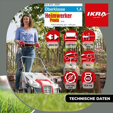 Аератор газону IEVL 2000, мішок для збору трави 55л, ширина захвату 40см, потужність 2000 Вт