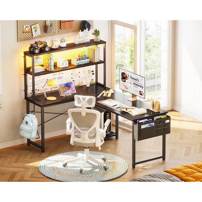 Г-подібний ігровий стіл Coleshome зі світлодіодним освітленням та розетками, 135 x 100 см, двосторонній ігровий стіл з полицями, кутовий стіл із сумкою для зберігання для домашнього офісу та ігор, чорний.