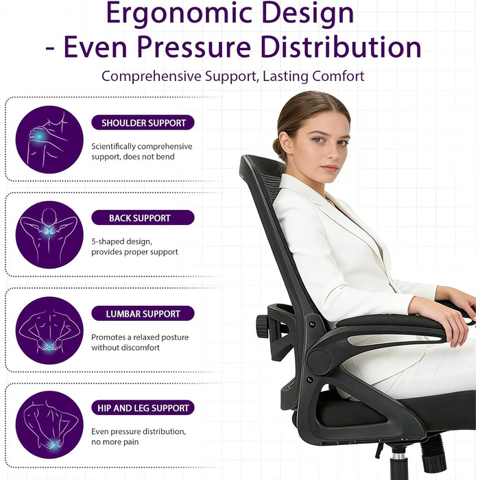 Ергономічне офісне крісло, стілець для роботи зі складними підлокітниками, регульоване по висоті офісне крісло з регульованою поперековою опорою та безшумними колесами, крісло для керівника, вантажопідйомність 120 кг, поперекова опора 4D