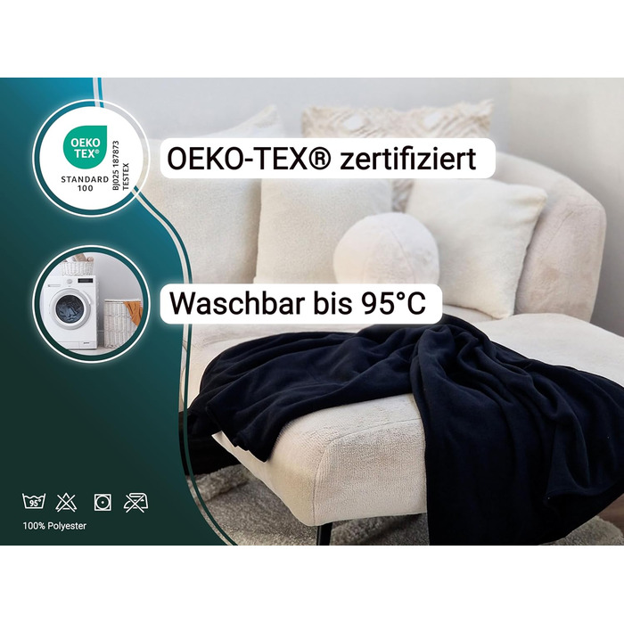 Флісова ковдра ZOLLNER 130x170 см - м&39яка та міцна флісова ковдра - можна прати при температурі до 95C - високоякісна підкладка - антистатичний матеріал - поліестер - чорний колір - сертифікований Oeko-Tex