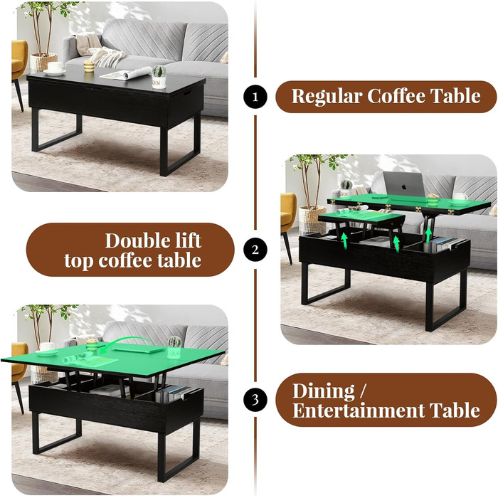 Журнальний столик VOWNER з регульованою висотою, багатофункціональний стіл для вітальні 3-в-1 з прихованим місцем для зберігання, який трансформується у обідній стіл для вітальні, чорний з деревним малюнком