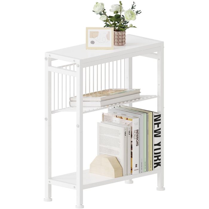 Вузький журнальний столик, маленький журнальний столик з 3 полицями, стійка для журналів, журнальний столик для вузьких приміщень, дротяна сітка, маленька тумбочка для ліжка, для вітальні, спальні, білий