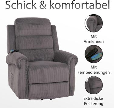 Крісло для телевізора Mendler HWC-K63, відкидне крісло, функція відкидання, допомога підйому, масаж, функція підігріву, тканина (220 г/м) вельвет - зелений