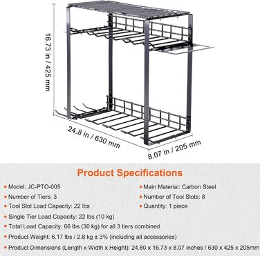 Органайзер для електроінструменту VEVOR 30 кг Вантажопідйомність Настінний тримач інструменту Гаражі з вуглецевої сталі Стійка для інструментів 630x425x205 мм Зберігання інструментів 3 яруси Гараж Настінне зберігання