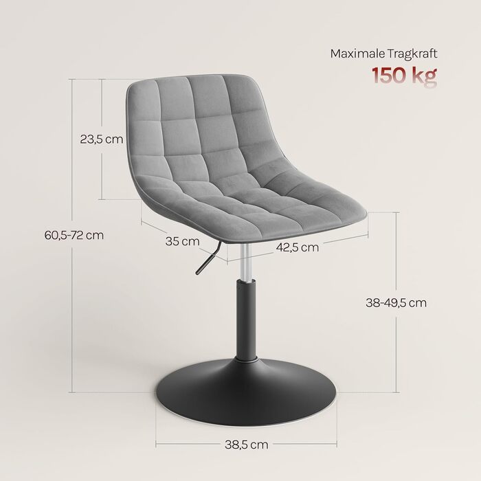 Крісло-табуретка WOLTU для туалетного столика, спальні та їдальні - регульована висота, поворот на 360 зі спинкою, виготовлена з комфортного оксамиту, світло-сіра