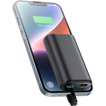 Для iPhone 10800mAh з вбудованим кабелем, швидка зарядка PD 3.0A, LCD дисплей, зовнішній акумулятор, сумісний з iPhone 14 Pro Max/14/13/13 Pro/12/11/XS/XR/X/8 Plus/SE та ін. A-чорний