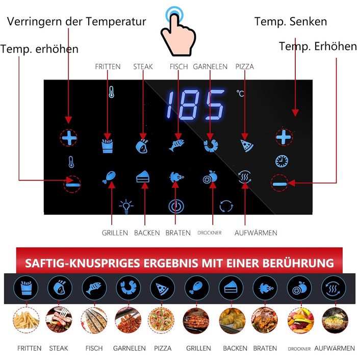 Фритюрниця PRIJESSE 12 л, багатофункціональна фритюрниця з гарячим повітрям, фритюрниця 1800 Вт зі світлодіодним сенсорним екраном, 10 програм, підтримка тепла та функція дегідратора, включаючи брошуру з рецептами та аксесуари 12 л Вертикальний екран