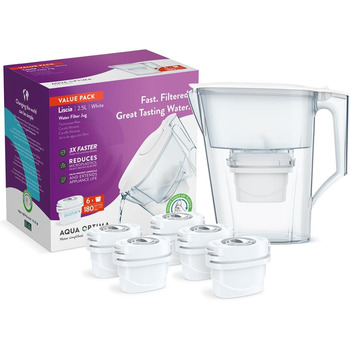 Глечик для фільтра для води Aqua Optima Liscia & 6 картриджів для фільтра для води на 30 днів Evolve, обємом 2,5 л, для зменшення мікропластику, хлору, вапняного нальоту та забруднень, білі